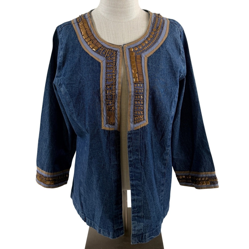 Indigo Moon Denim‎ Jacket Sz 1X Beaded Embellished Open Front Boho